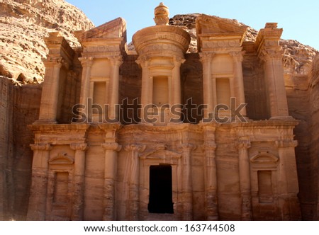 Elevated View of The Monastery or El Deir at the Ancient City of Petra, Jordan,