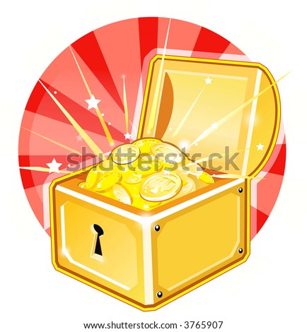 Abstract Illustration: the Opened Treasure Box with Golden Coins. Financial Concept Label