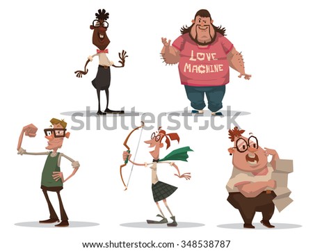 Set of cartoon people. They very smart but look very strange and funny. They are different sizes and colors, but all love science and games. vector illustration