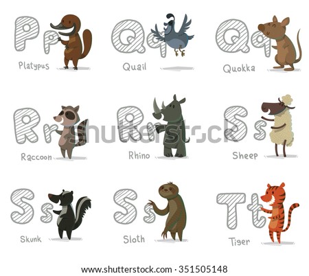 set of cartoon animals with letters. Animal funny alphabet. Platypus. Quail. Quokka. Raccoon. Rhino. Sheep. Skunk. Sloth. Tiger. vector illustrations