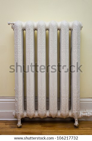 Ornate, antique heat radiator.