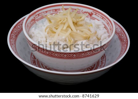 Two chinese bowls with rice and bean-sprouts.