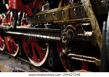 Old locomotive fragment with guide mechanism and wheels