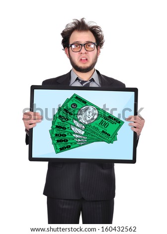 sad businessman holding plasma panel with money