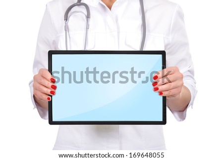 young female doctor holding touch pad
