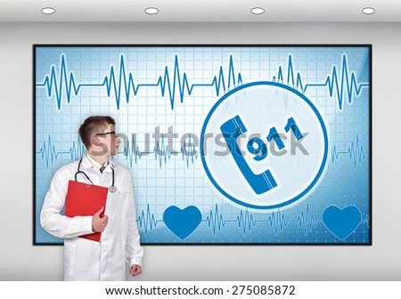 doctor with clipboard looking to screen with 911 symbol
