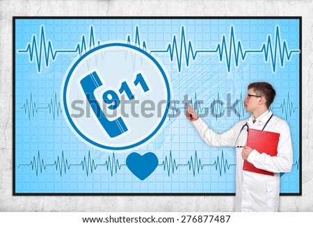 doctor with clipboard looking to screen with 911 symbol