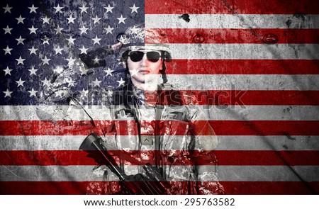 soldier salutes on a american flag background, double exposure