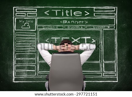 relaxing businessman looking at chalk board with drawing website