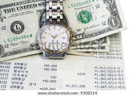 US Dollar wristwatch and passbook page portray  Time and Money