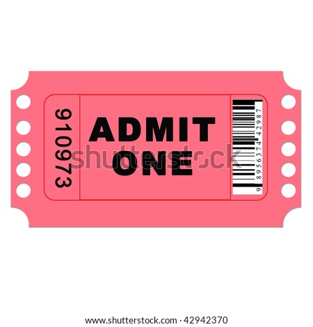 Isolated admit one pink ticket on a white background with barcode.