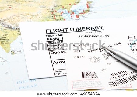 Flight Itinerary,boarding pass and baggage claim.