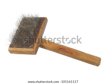 Old brush the dog or cat hair stuck to the, isolated on the white background