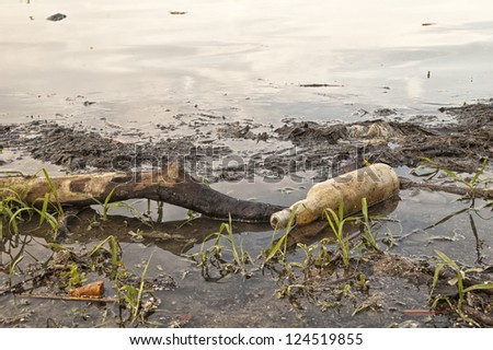 Bottle and oil in dirty water