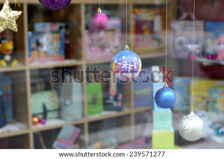 Christmas balls in a shop window
