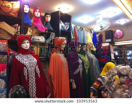 MEDAN,INDONESIA-MAY 26: Various Muslim women fashion dresses on sale in Medan, Indonesia on May 26, 2012. Medan is fourth largest city in Indonesia with 90% of its population are Muslims.