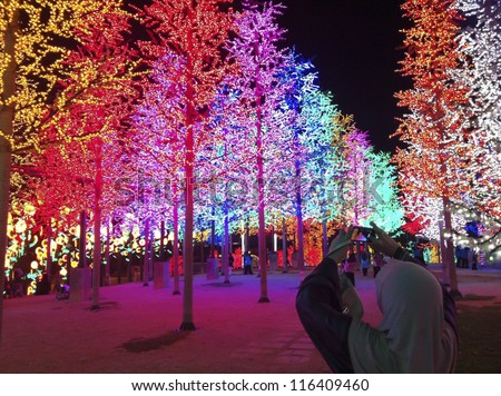 SHAH ALAM, MALAYSIA-OCT. 22:Unidentified Muslim tourist takes a photo of LED trees at i-CITY theme park in Shah Alam, Selangor on Oct. 22, 2012. The free to public theme park was opened in early 2010.