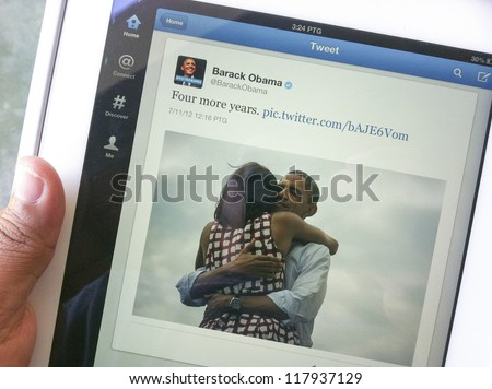 Kuala Lumpur, Malaysia-Nov. 7:Screen Capture Of Tweet \'Four More Years\' By Barack Obama On Nov. 7, 2012 In Kuala Lumpur. Barack Obama Defeated Mitt Romney For The Second Term In Office.