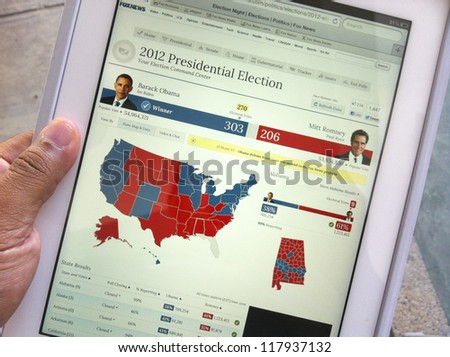 KUALA LUMPUR, MALAYSIA-NOV. 7:Screen capture of 2012 US Presidential Election result on an Apple iPad 3 in K. Lumpur on Nov. 7, 2012. Barack Obama defeated Mitt Romney for the second term in office.