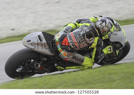 SEPANG MALAYSIA-FEB 7 Italy No 46 Valentino Rossi of Yamaha Factory Racing at MotoGP Official Test Sepang 1 on Feb 7 2013 in Sepang Malaysia Season 2013 will start in Qatar on April 7 SEPANG MALAYSIA-FEB 7 Italy No 46 Valentino Rossi of Yamaha Factory Racing at MotoGP Official Test Sepang 1 on Feb 7 2013 in Sepang Malaysia Season 2013 will start in Qatar on April 7