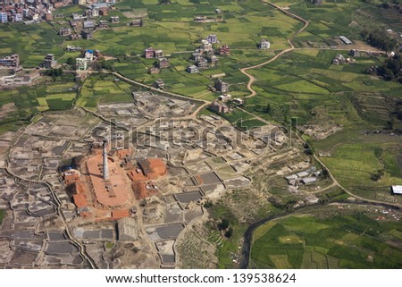 Aerial view of population, brick making plant and agricultural area in Kathmandu, Nepal