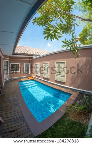 PORT DICKSON, MALAYSIA-MARCH 15, 2014:Interior fisheye view of private pool at Grand Lexis hotel in Port Dickson, Negeri Sembilan, Malaysia.