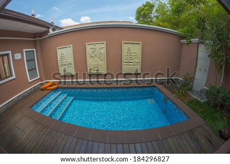PORT DICKSON, MALAYSIA-MARCH 15, 2014:Interior fisheye view of private pool at Grand Lexis hotel in Port Dickson, Negeri Sembilan, Malaysia.