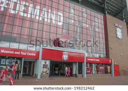 LIVERPOOL, ENGLAND - JUNE 3:General view of Liverpool football club store on June 3, 2014 in Liverpool, England. Anfield stadium is home stadium of Liverpool football club.