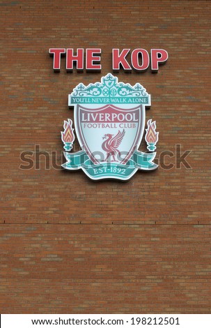 LIVERPOOL, ENGLAND - JUNE 3:The Kop and Liverpool football club crest on Anfield Stadium on June 3, 2014 in Liverpool, England. Anfield stadium is home stadium of Liverpool FC.