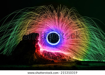 Long exposure burning and spinning of steel wool - rainbow colors digital manipulation.