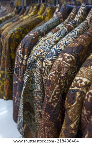 Rows of colorful batik pattern on sale in Bandung, Indonesia.