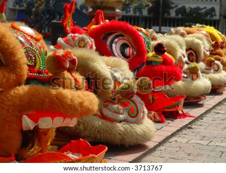 stock photo : A row of lion dance heads