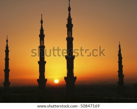 Silhouette of minarets of Masjid Al Nabawi or Nabawi Mosque (Mosque of the Prophet) in Medina (City of Lights), Saudi Arabia. Nabawi mosque is Islam\'s second holiest mosque after Haram Mosque.