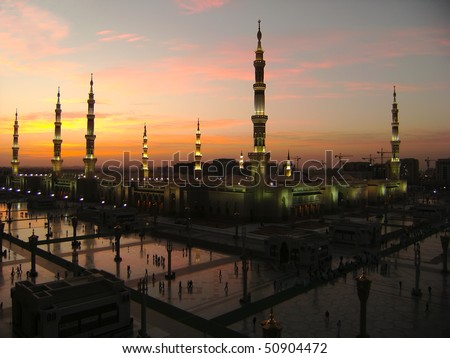 Masjid Al Nabawi or Nabawi Mosque Mosque of the Prophet in Medina City of Lights Saudi Arabia at dawn. Masjid Al Nabawi or Nabawi Mosque Mosque of the Prophet in Medina City of Lights Saudi Arabia at dawn.
