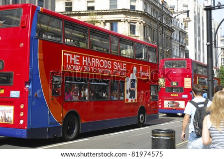 OXFORD STREET, LONDON, ENGLAND-JULY 16 :Double decker red buses at Oxford Street in London on July 16, 2006. Bloomberg reports that there are 548 shops here and it is Europe?s busiest shopping street.