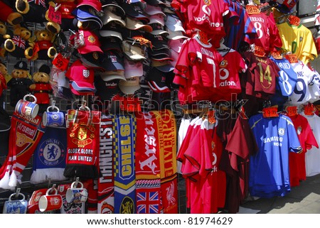 OXFORD STREET, LONDON, ENGLAND-JULY 16:Soccer souvenir on sale at Oxford St. in London on July 16, 2006. Replica jerseys is worth in excess of 200 million pounds in the Barclays Premier League soccer.