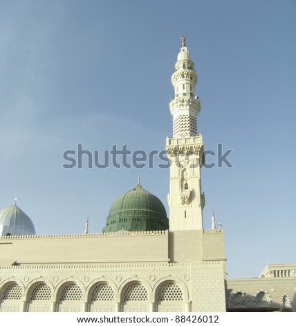 Masjid Al Nabawi or Nabawi Mosque (Mosque of the Prophet) in Medina (City of Lights), Saudi Arabia. Nabawi mosque is Islam\'s second holiest mosque after Haram Mosque (in Mecca, Saudi Arabia).