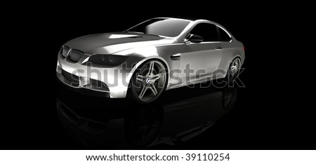 Silver business executive sports car / sportscar in studio isolated on black with reflection and copy space