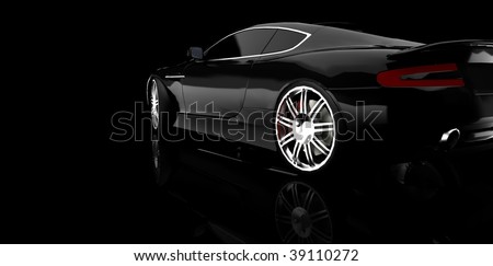 Black luxury dream sports car / sportscar in studio isolated on black with reflection and copy space