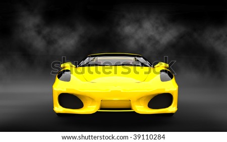 Expensive Yellow luxury sports car / sportscar in smoke filled studio