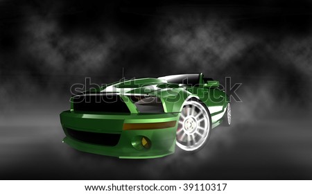 Modern green muscle sports car / sportscar with spinning tire in smoke filled studio