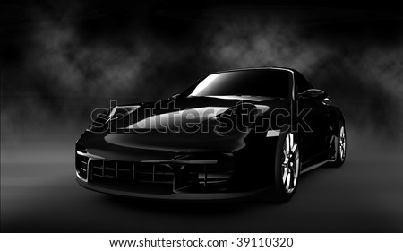 Black luxury dream sports car / sportscar in smoke filled cloudy studio