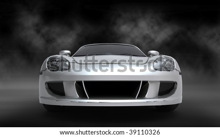 Silver luxury dream sports car / sportscar in smoke filled cloudy studio
