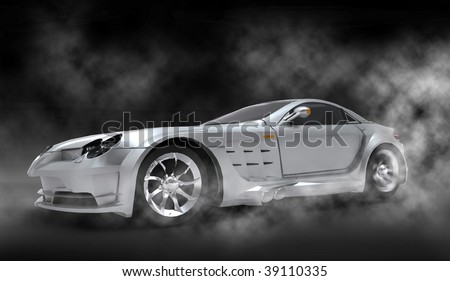 Silver luxury dream sports car / sportscar with spinning tire smoke filled cloudy studio