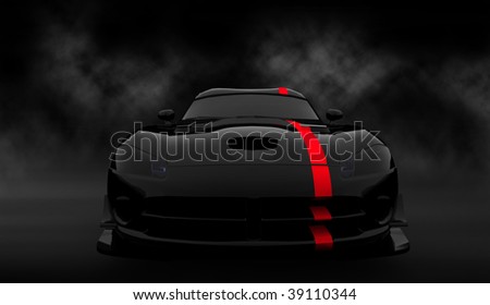 Black luxury dream sports car / sportscar with red stripe in smoke filled cloudy studio