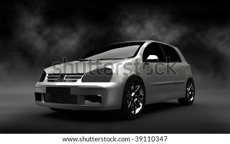 Silver small hatchback car / sportscar in smoke filled cloudy studio