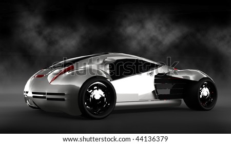 Futuristic silver concept sports car isolated in smoke filled studio