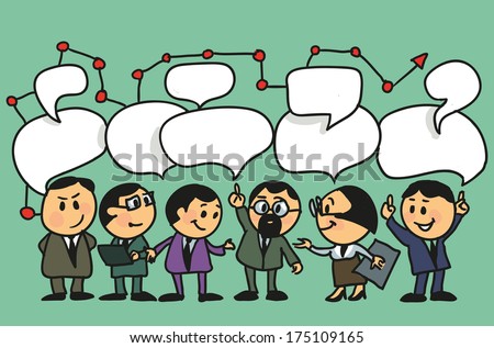 Hand Drawing Vector Illustration. Cartoon Group Of People Leads A