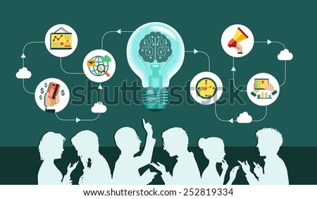 Infographic background. Vector. Business people group over conceptual. Silhouettes of people on a background of business icons. Office workers and business team. Mind Map Team.