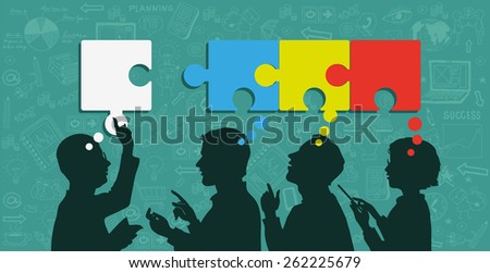 Mind Map Team - vector Illustration. Business people group over conceptual. Silhouettes of people on a background of business icons.